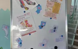 tablica magnetyczna na niej przypięte plakaty informacyjne