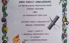 wydruk podziękowania dla pani Emilii za przybliżenie przedszkolakom zawodu fryzjera