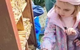dziewczynka wkłada rurki do hotelu dla pszcz&oacute;ł