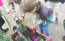 dziewczynka z łopatką pochylona nad skrzynką obok pani z sadzonką kwiatka w dłoniach