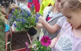 dziewczynki stoją przed skrzynką i trzymają sadzonki kwiat&oacute;w pani pochylona nad skrzynką