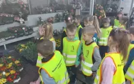 dzieci w kamizelkach odblaskowych stoją przed regałami z kwiatami 