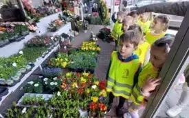 grupa dzieci w kamizelkach odblaskowych stoi przed małym sklepikiem z kwiatami przed nimi skrzyneczki z r&oacute;żnymi kwiatami w doniczkach