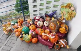kolorowe udekorowane dynie leżą  na schodach i w wejściu do przedszkola 