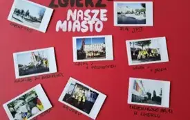 czerwony karton na nim przyklejone zdjęcia z podpisami duży napis Zgierz nasze miasto