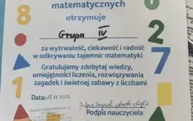 zdjęcie dyplomu dla grupy VI za udział w zajęciach matematycznych
