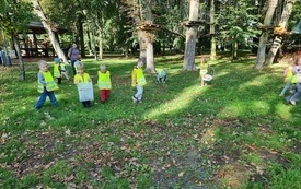 dzieci spacerują po parkowych trawnikach i zbierają dary jesieni