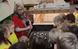 grupa dzieci skupiona wok&oacute;łtacy z wypustkami na kt&oacute;rej leżą srebrne bombki przed nimi kobieta m&oacute;wi coś do dzieci