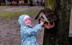 dziewczynka wkłada ziarno do karmnika